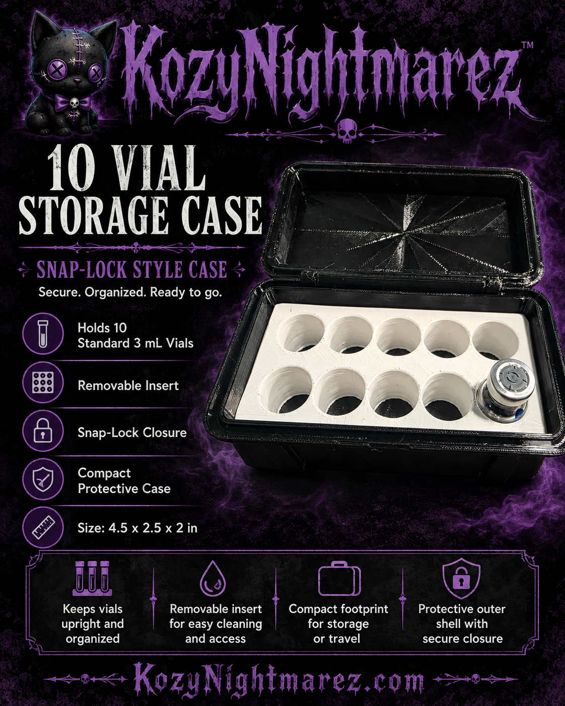 KozyNightmarez 10 Vial Storage Case - snap-lock style case with removable insert holding 10 x 3ml vials