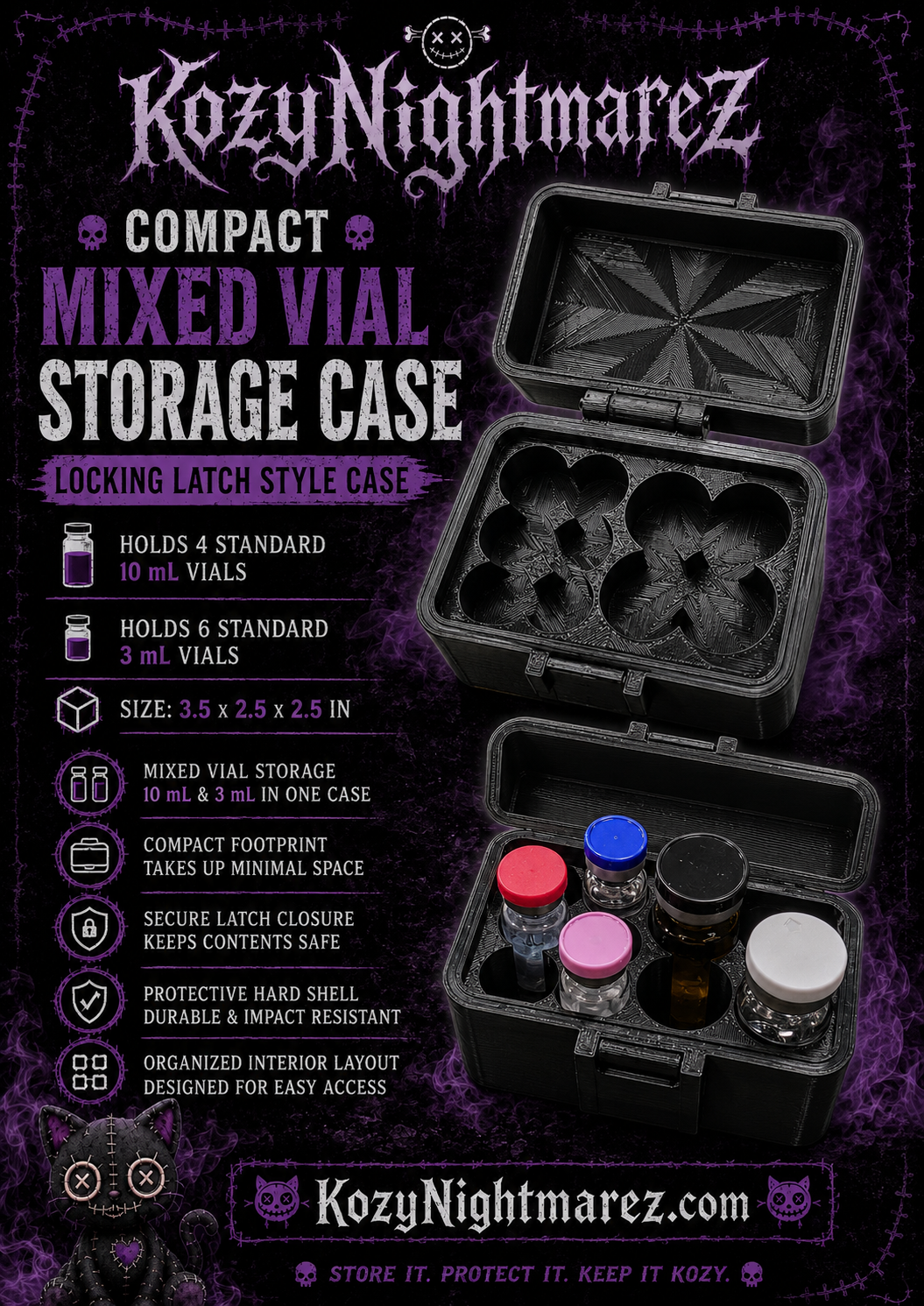 KozyNightmarez Compact Mixed Vial Storage Case - locking latch hard shell case holding 4 x 10ml and 6 x 3ml vials